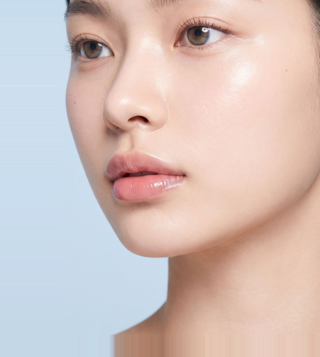 하늘색 배경 앞의 맑은 피부 클로즈업